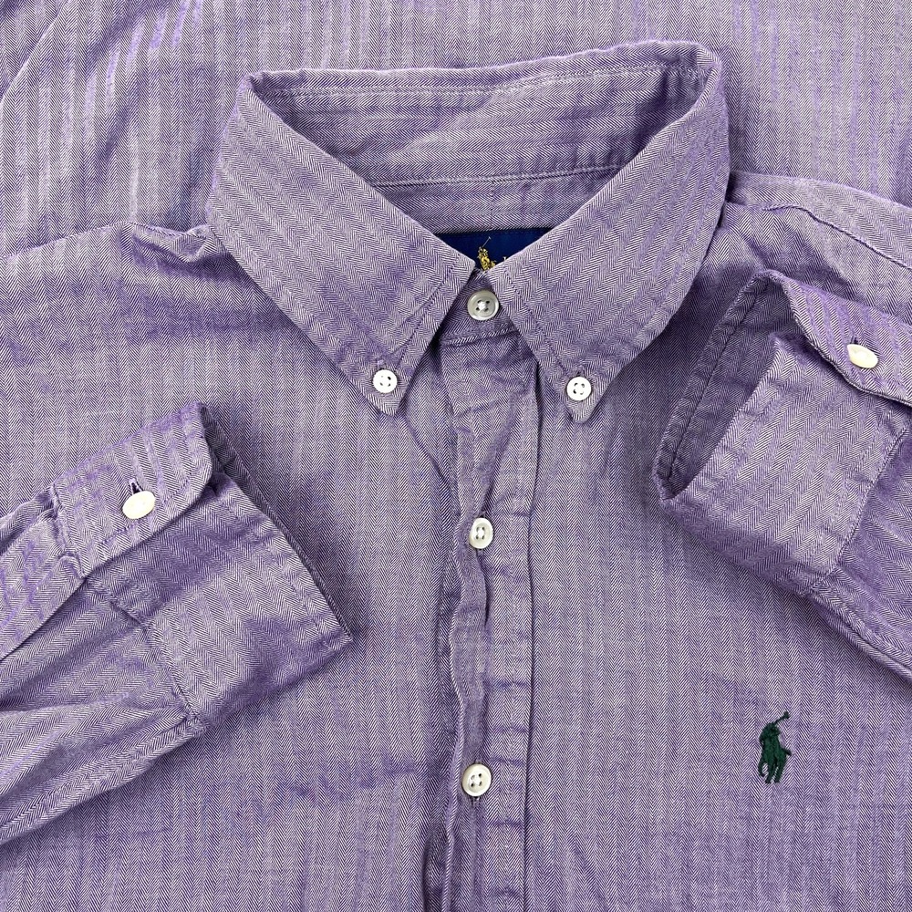 Ralph Lauren Shirt Men Medium Purple Button Up Lightweight Cotton Dress Green Po